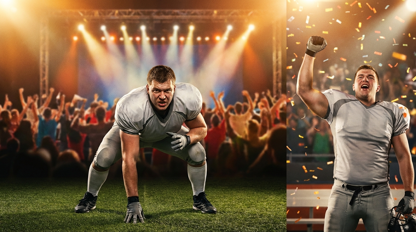 Draft stage with two rookie offensive linemen, spotlights, and confetti