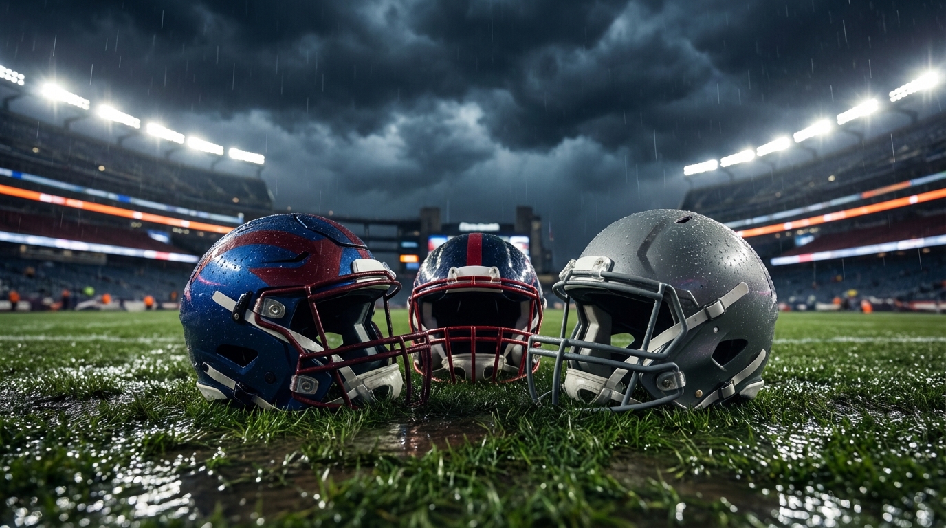 Three helmets on wet turf under stadium lights