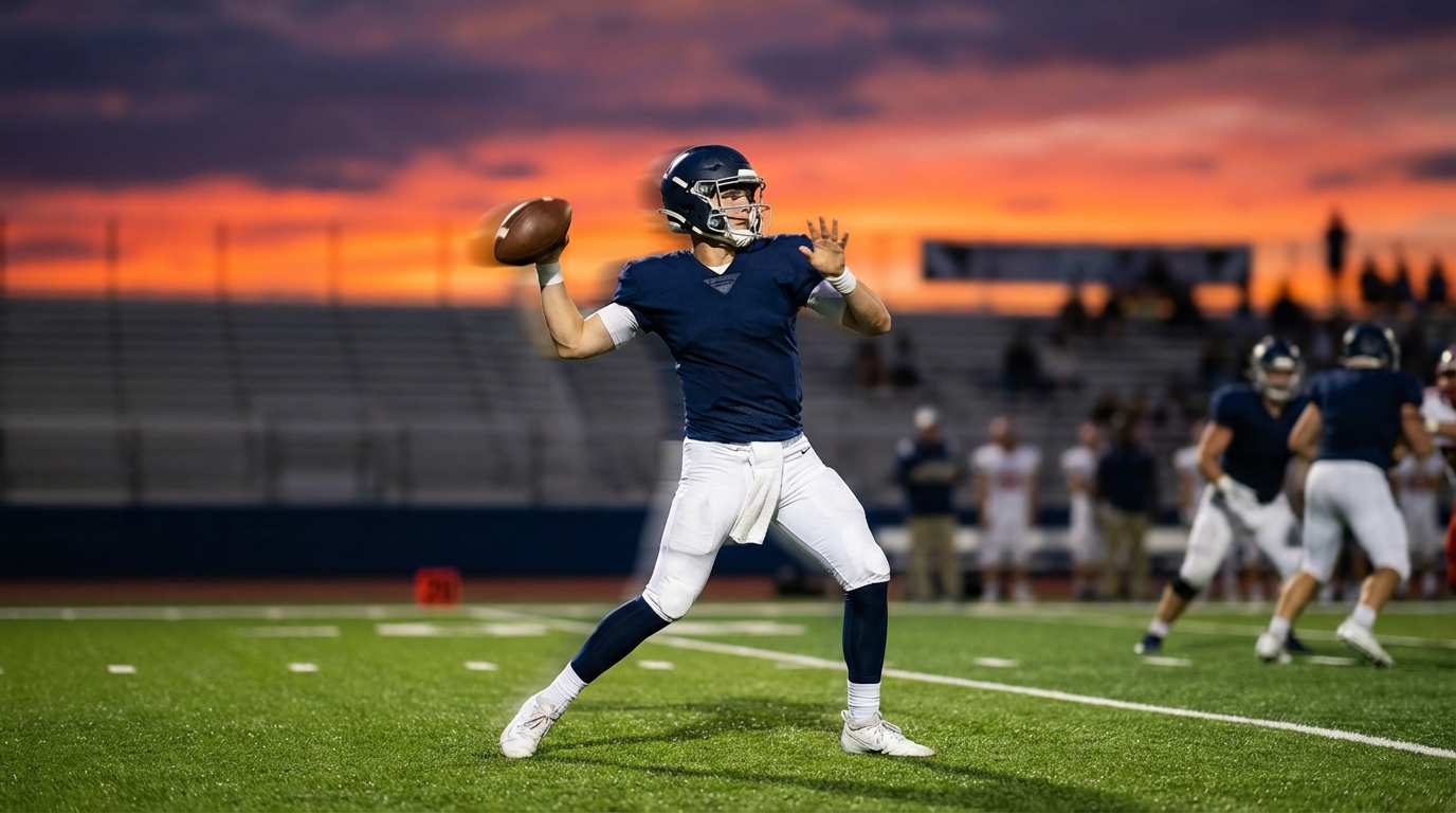Quarterback mid-throw on a stadium field