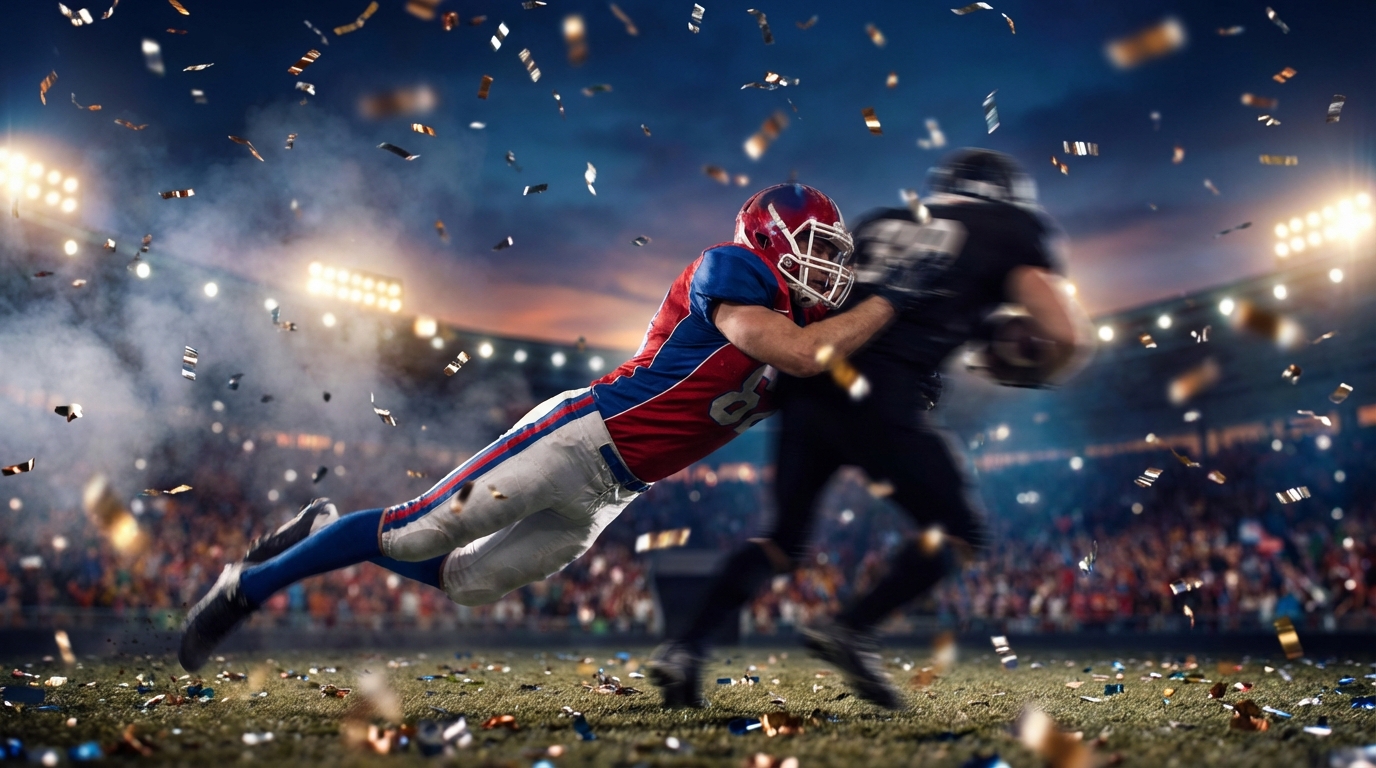 Defensive lineman in red white and blue lunging to sack a quarterback under stadium lights; confetti begins to fall