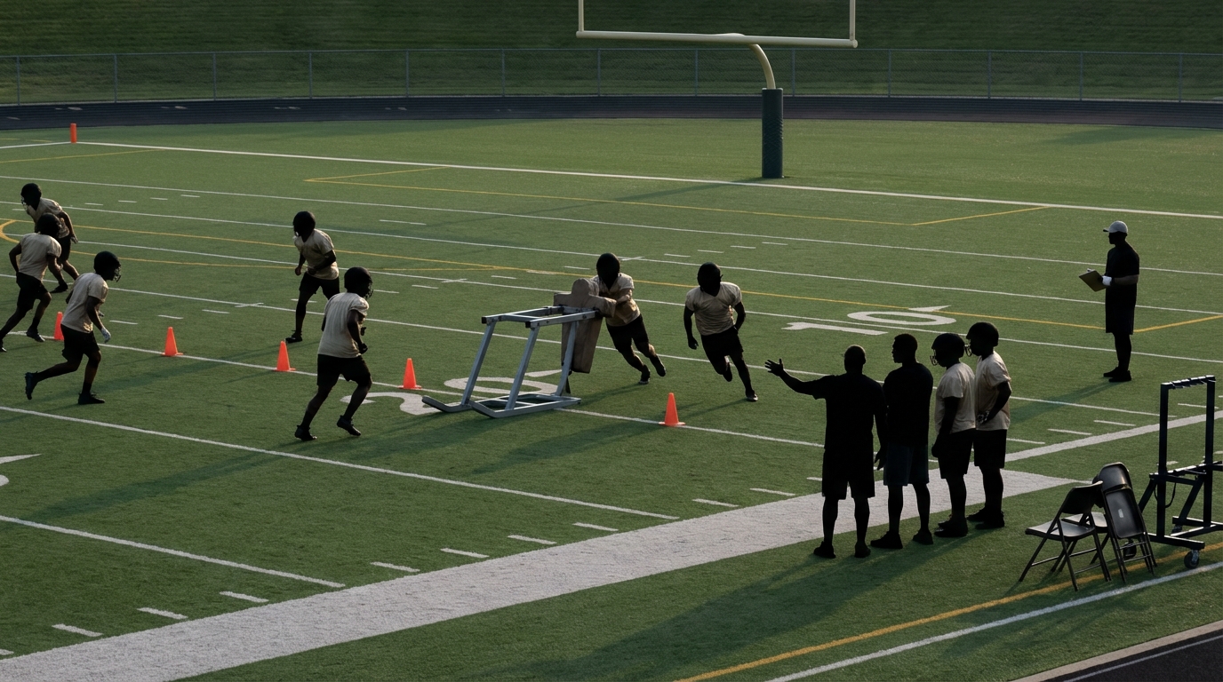 Generic football field with players and coaches during offseason workouts; no logos or text