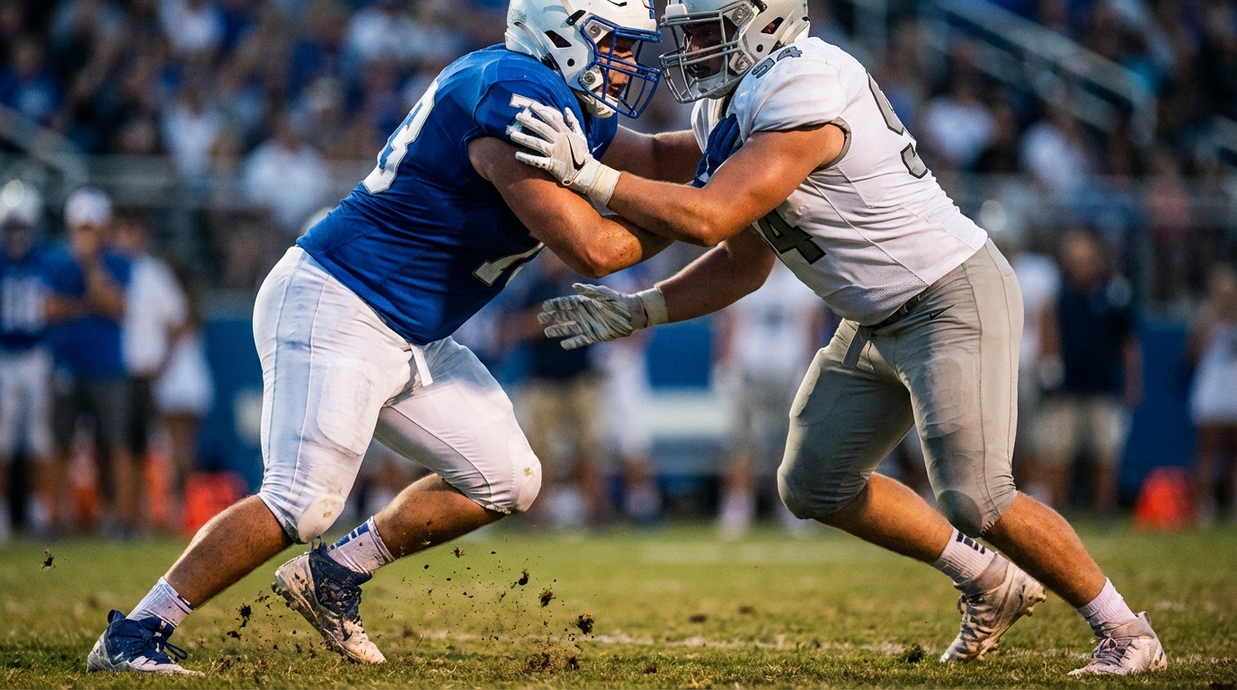 Two offensive tackles battling at the line in an intense NFL game moment