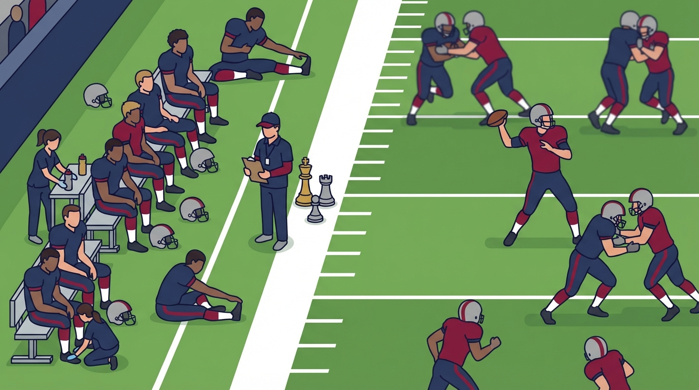 Illustration of NFL teams resting starters on the sideline while backups play; coach with clipboard and chess pieces symbolize strategy