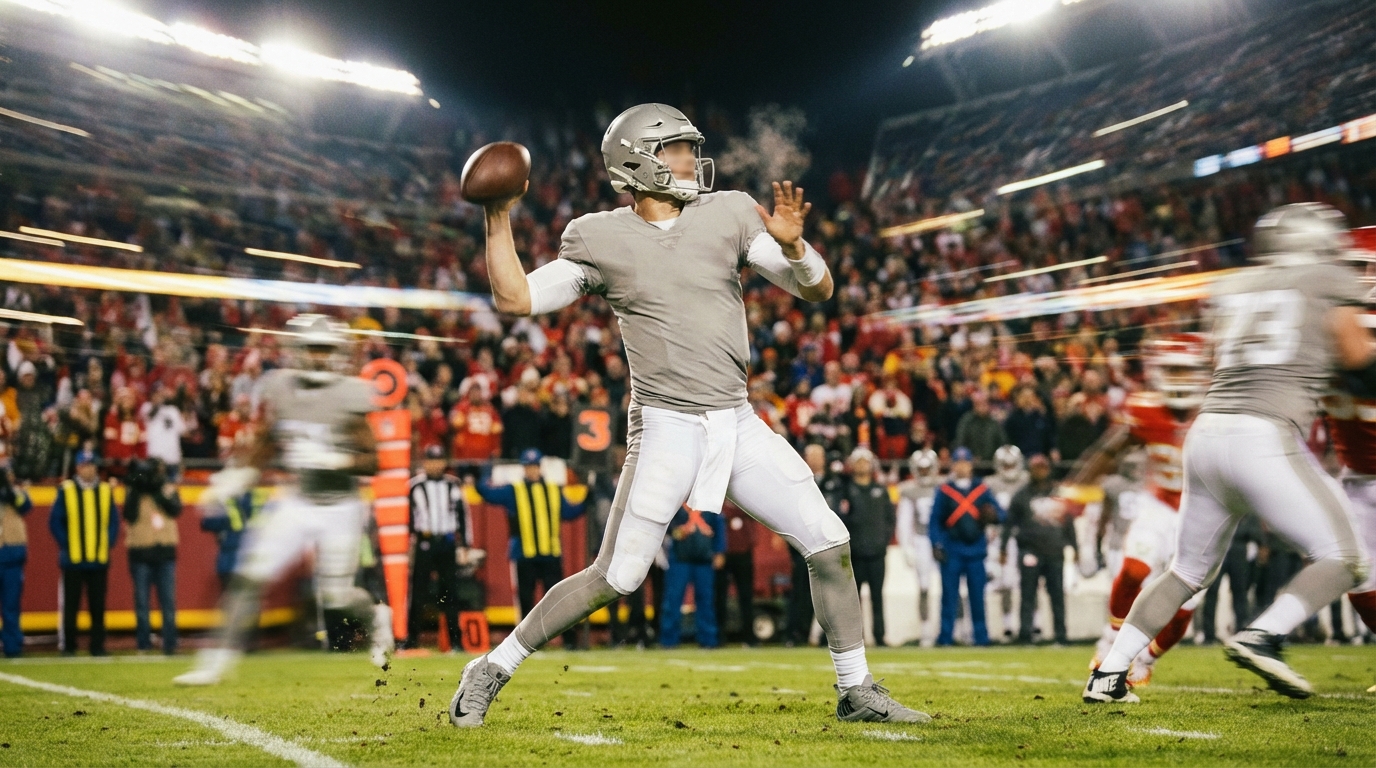 Generic quarterback mid-throw on a professional football field, dynamic action shot without team logos