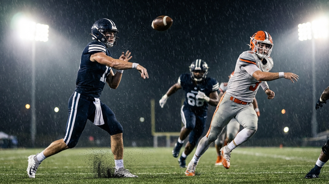 Dramatic football action: two quarterbacks in a rain-soaked stadium, one dropping back to throw and one rolling out under pressure