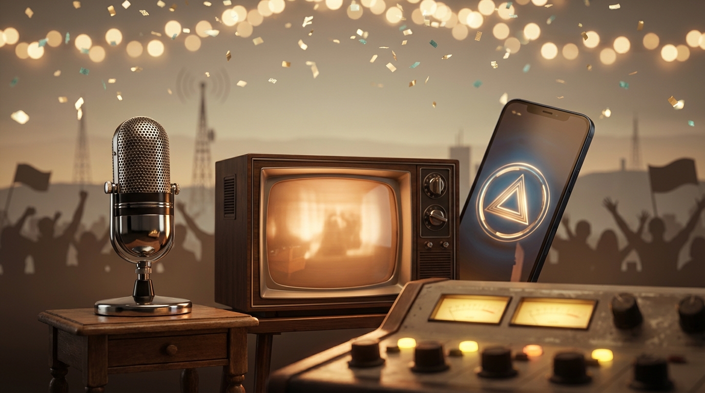 A warm, nostalgic editorial scene: vintage broadcast microphone, retro television with glowing screen, modern smartphone hinting at streaming, and a mixing board with celebratory confetti and soft bokeh lights