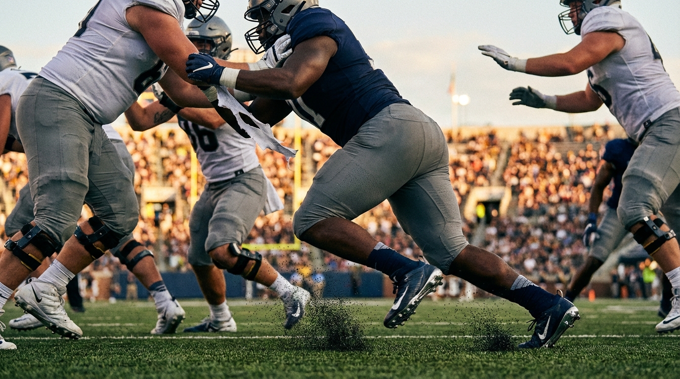 Defensive lineman bursting through blockers