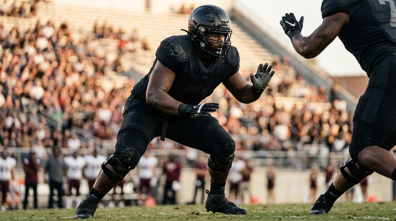 Vederian Lowe style lineman in pass block stance