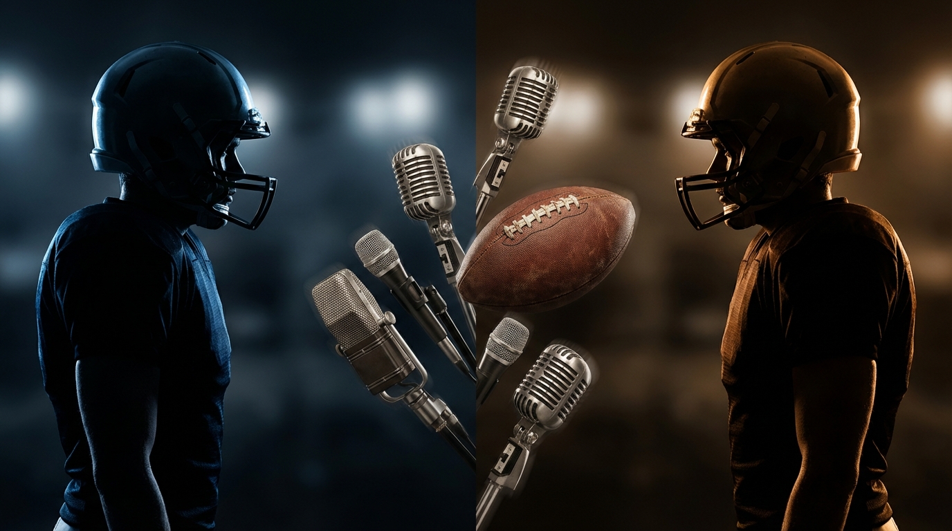 Shadowed quarterback silhouettes facing each other with microphones and a suspended football between them