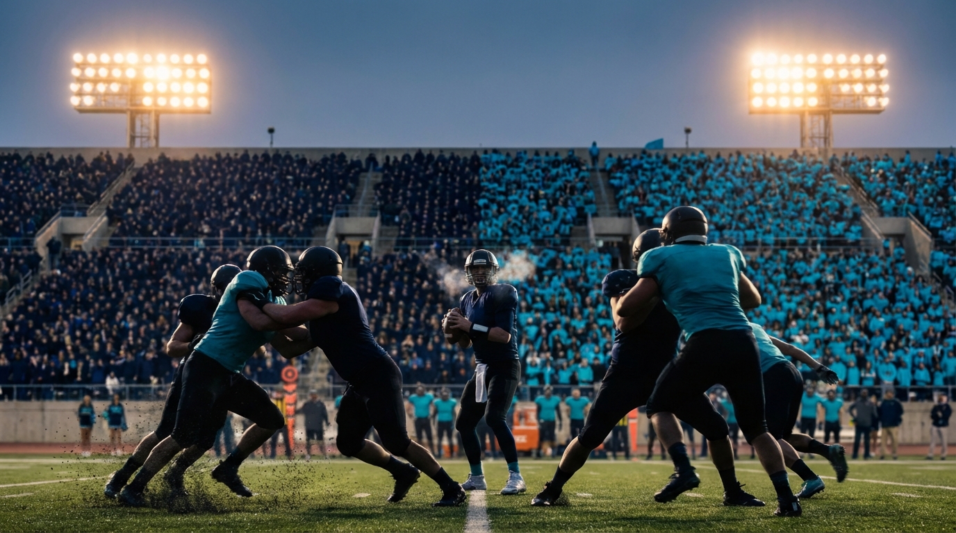 Game day scene with silhouetted players colliding on the line, a quarterback dropping back, and a split crowd in deep navy and bright aqua under stadium lights