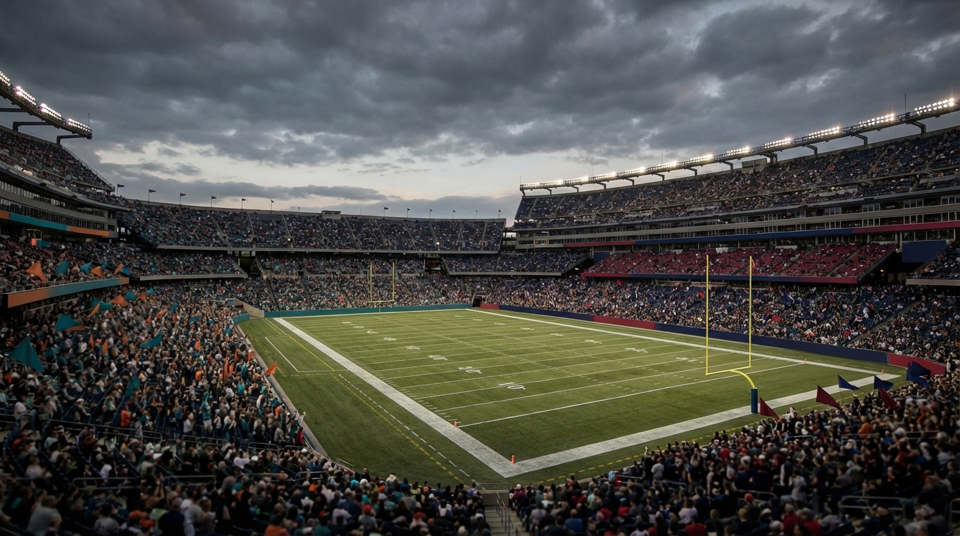 Wide-angle stadium dusk scene showing subtle Miami Dolphins teal and orange seating on one side and New England Patriots navy and red seating on the other