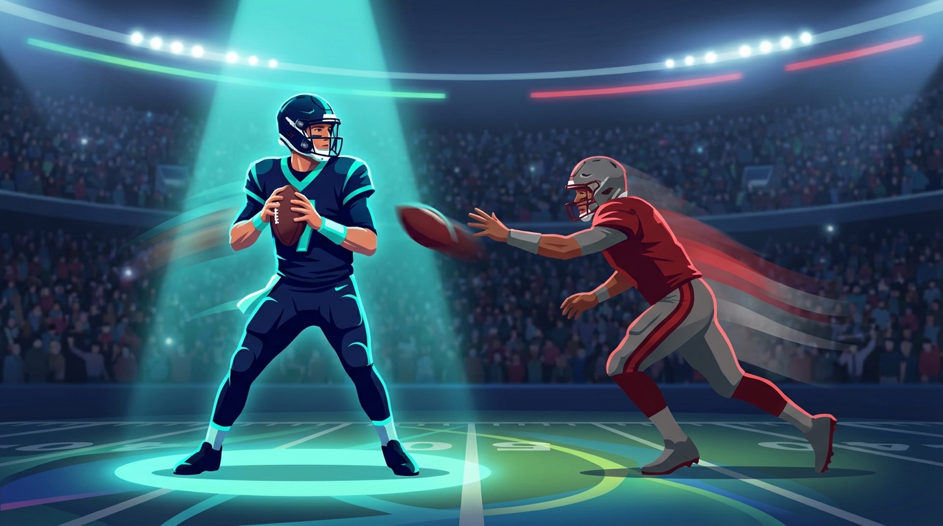 Dramatized football MVP race between two quarterbacks, spotlight on the younger signal-caller amid stadium lights
