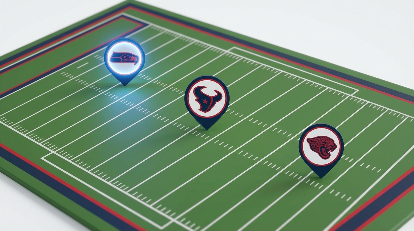 Stylized overhead football field with location markers for Seattle (glowing), Houston, and Jacksonville in Patriots color accents