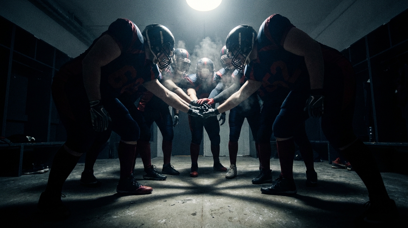 Cinematic locker room huddle with players' hands stacked