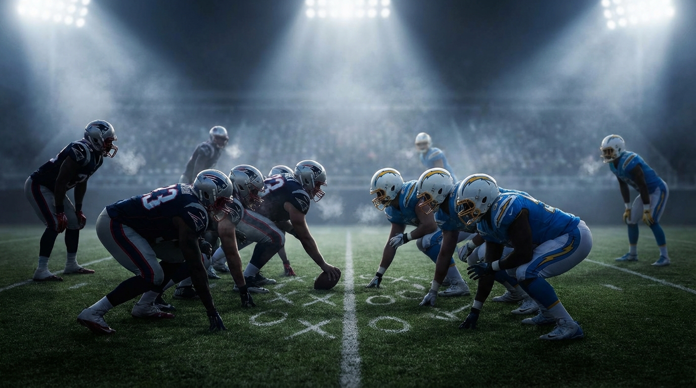 Stylized overhead field showing Patriots and Chargers silhouettes at the line of scrimmage, stadium lights, light fog