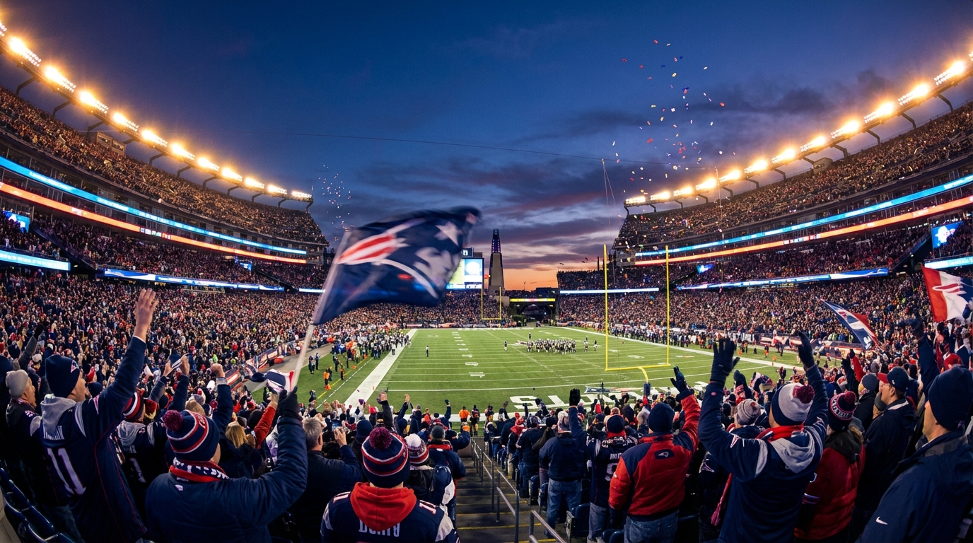 Gillette Stadium packed with fans under bright lights during an evening NFL game