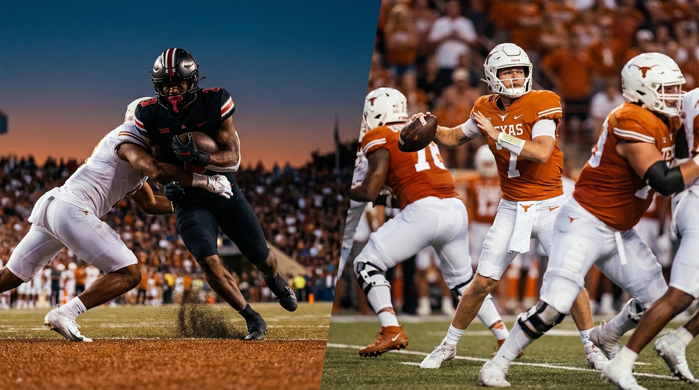 TreVeyon Henderson breaking a tackle running with the ball and Quinn Ewers in mid-throw, dynamic stadium action at dusk