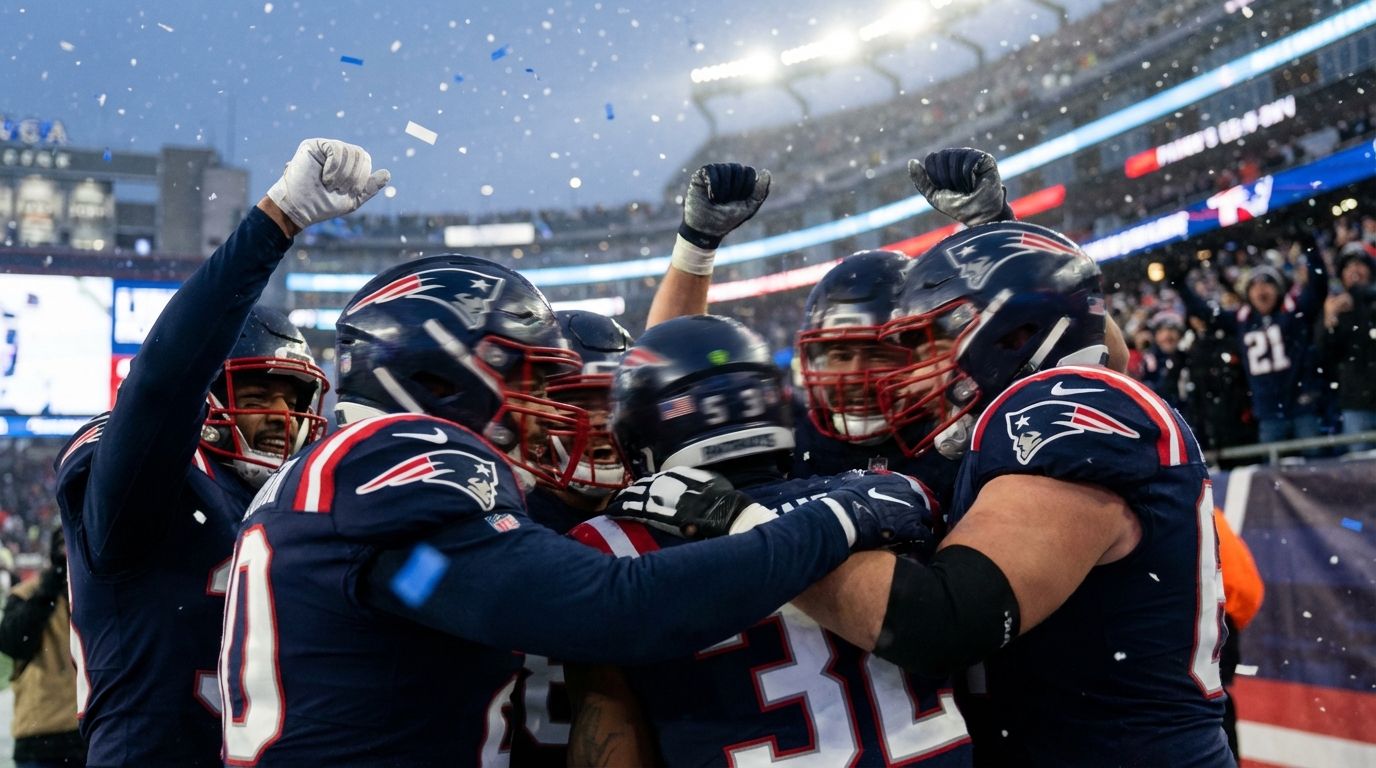 Celebratory Patriots players hugging and raising helmets near the end zone with stadium lights and confetti in the background.