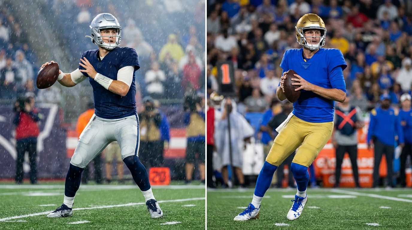 Dramatic game moment: young rising quarterback versus seasoned veteran captured under stormy stadium lights