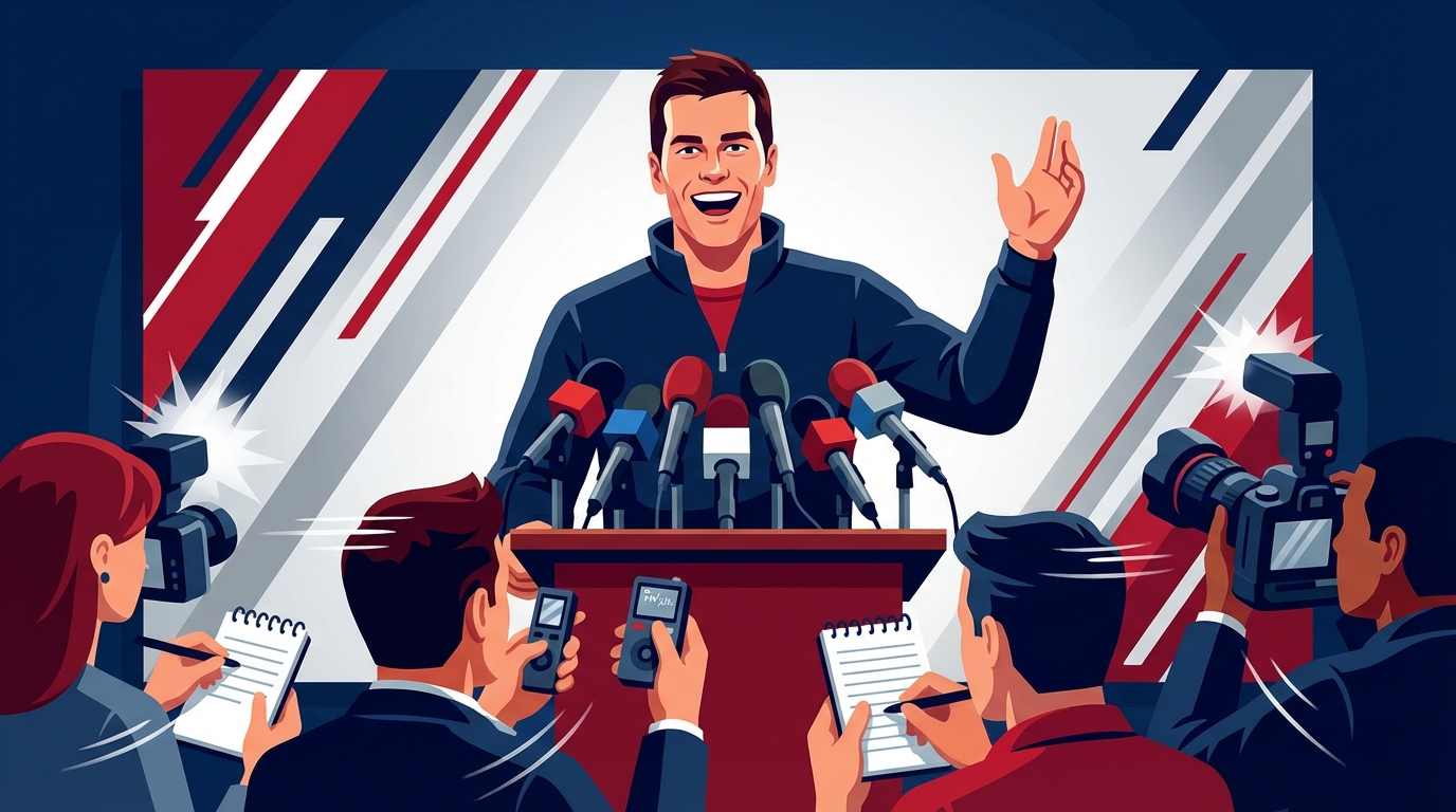 Energetic press conference with a quarterback at a podium, microphones, reporters, and camera flashes in a Patriots-inspired color palette.
