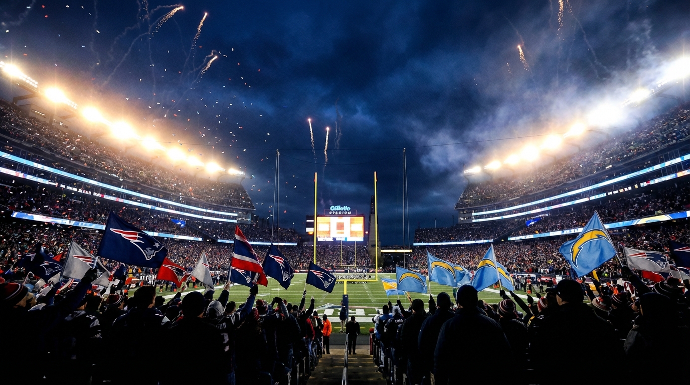 Gillette Stadium at night with playoff atmosphere
