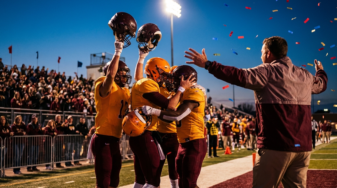 Players celebrating near the end zone under stadium lights with confetti and a cheering sideline, symbolizing teamwork and playoff energy.