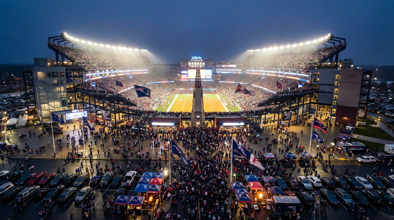 Gillette Stadium lit up at night with fans arriving and cheering