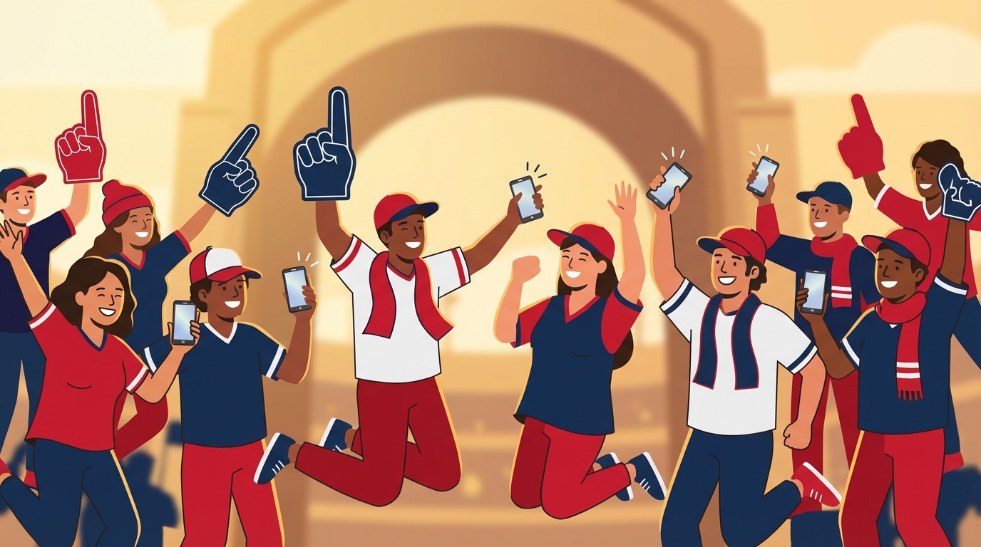 Diverse group of enthusiastic New England Patriots fans celebrating outdoors in front of a blurred stadium backdrop, late afternoon golden hour lighting, dynamic cheering poses, vivid red navy and white palette, no text or logos