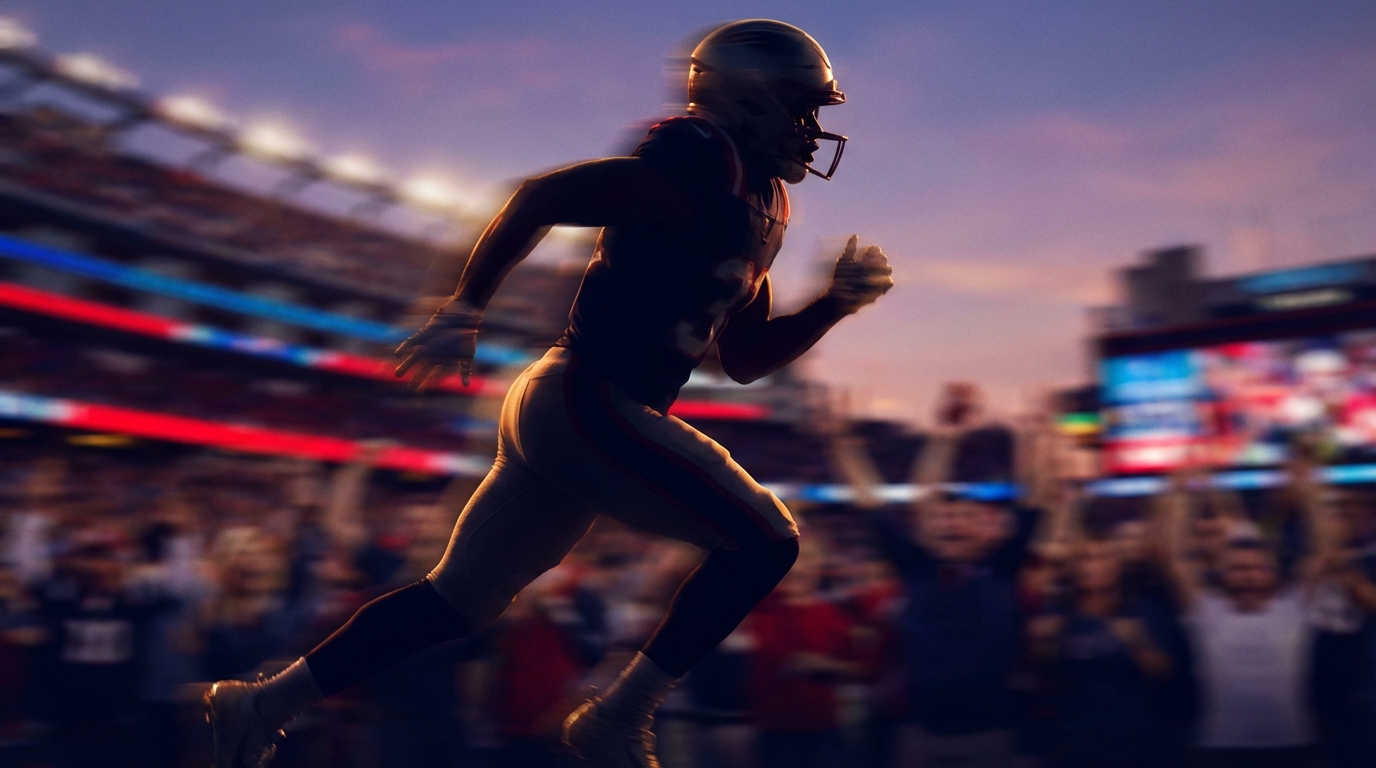 Silhouette of a running football player with blurred stadium background