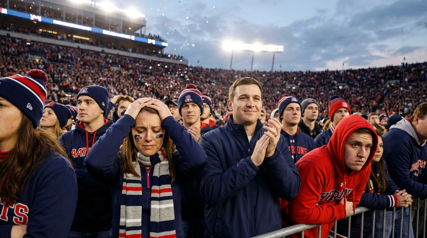 Group of diverse Patriots fans showing disappointment and cautious hope in a packed stadium at dusk, team colors navy and red prominent