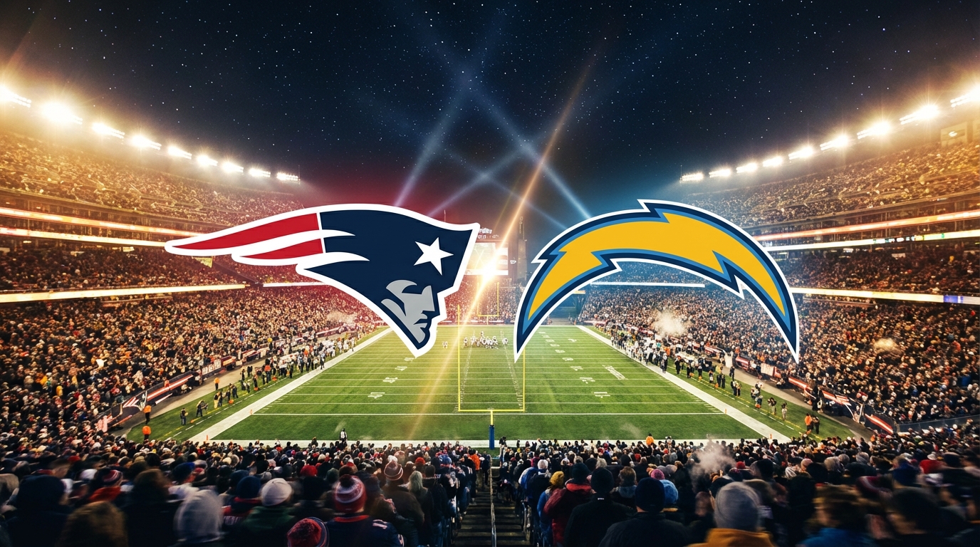 Nighttime football stadium lit by floodlights with packed crowd and stylized Patriots and Chargers emblems projected above the field, evoking primetime playoff anticipation