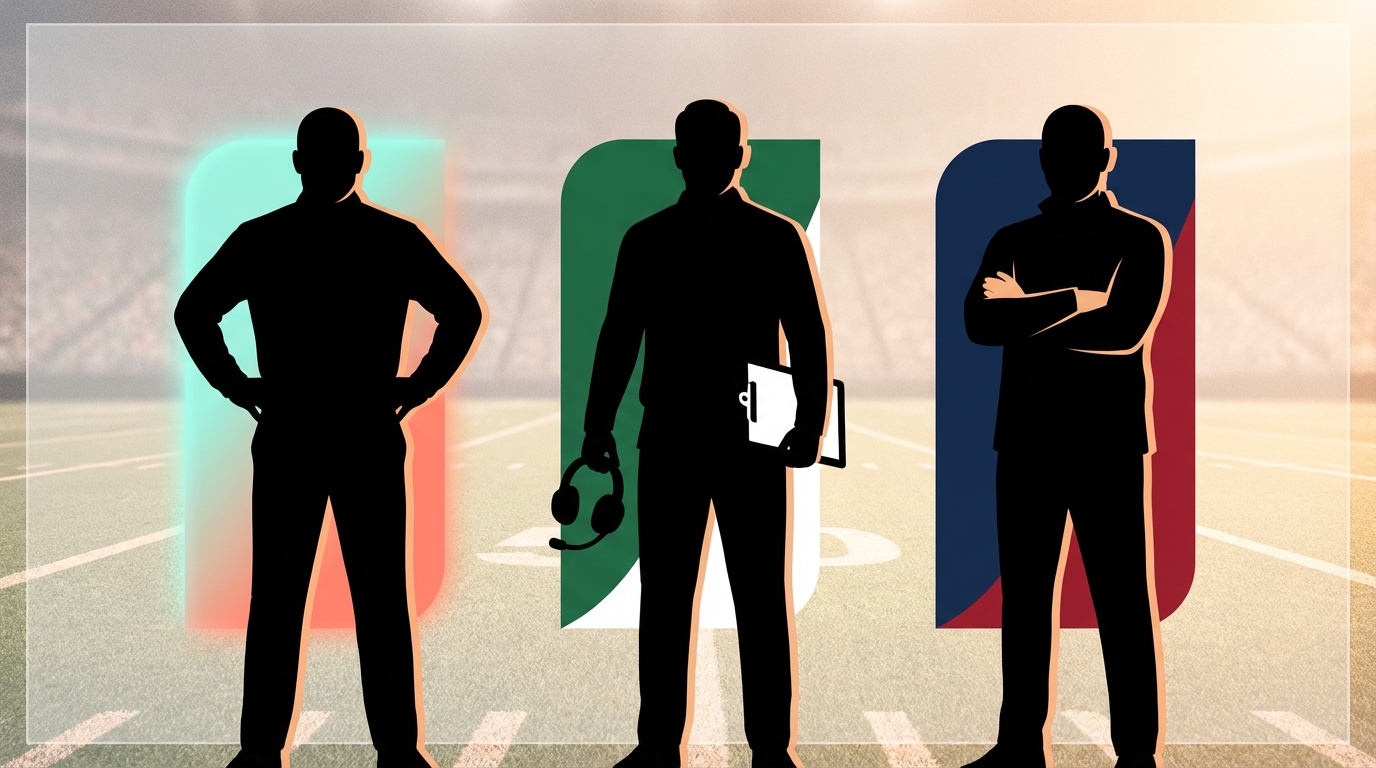 Abstract silhouettes of three AFC coaches with Dolphins, Jets, and Patriots color accents
