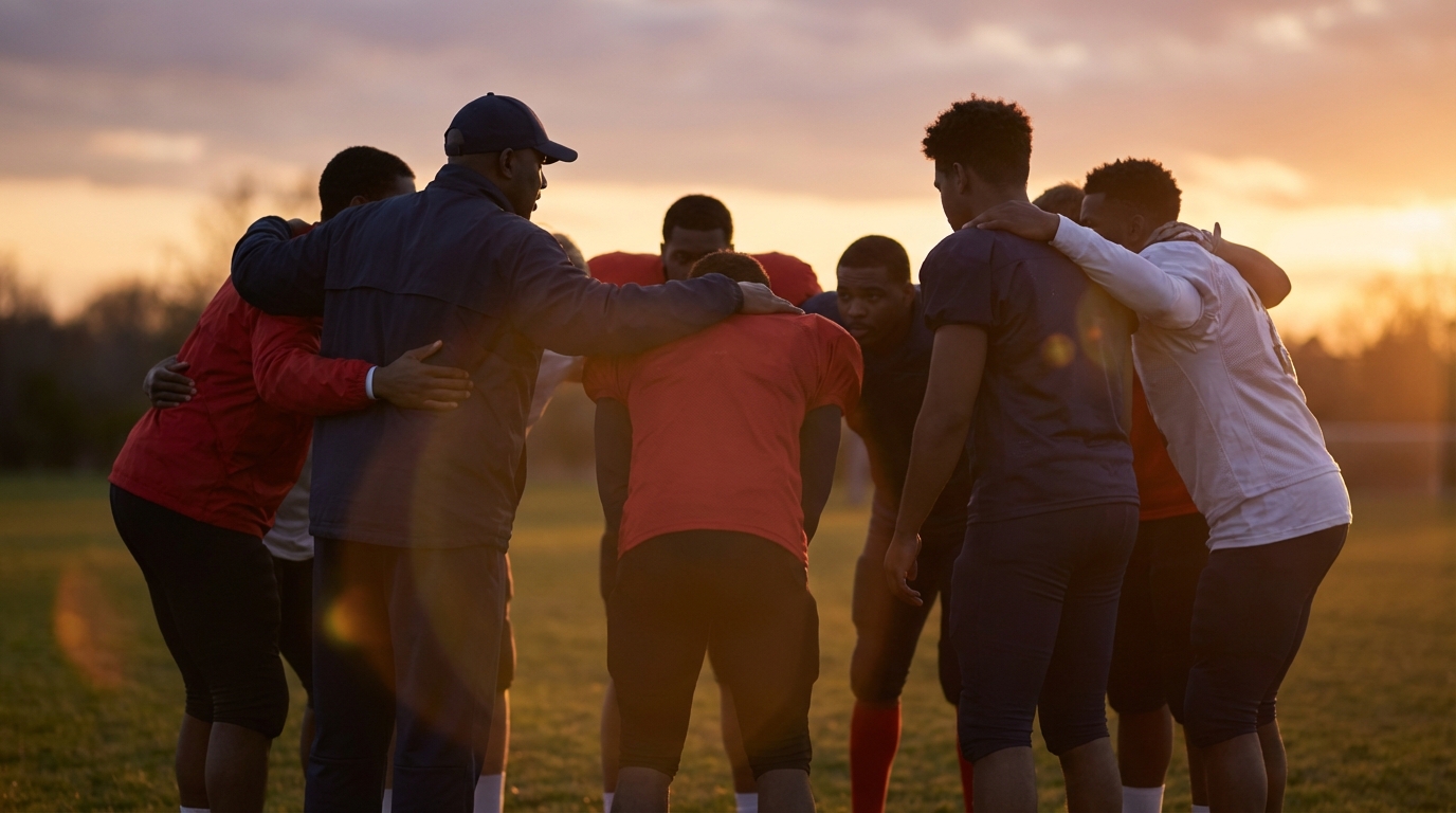 Patriots team huddle at golden hour evoking unity and determination