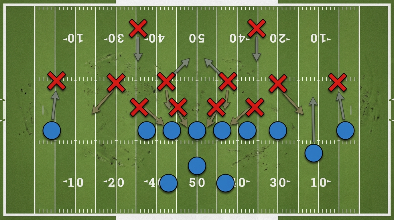 Birds-eye tactical diagram of Patriots defensive 3-4 front and split-safety coverage