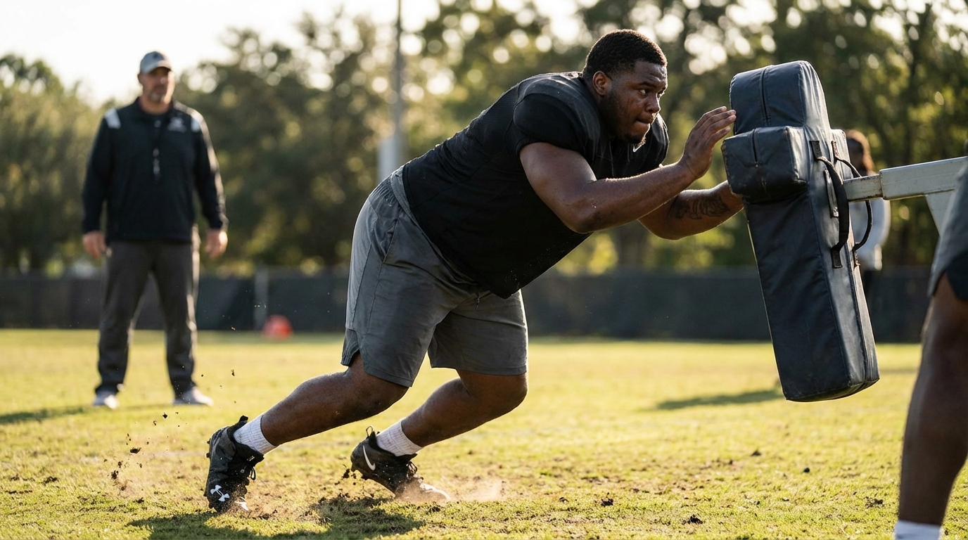 NFL defensive lineman training on practice field