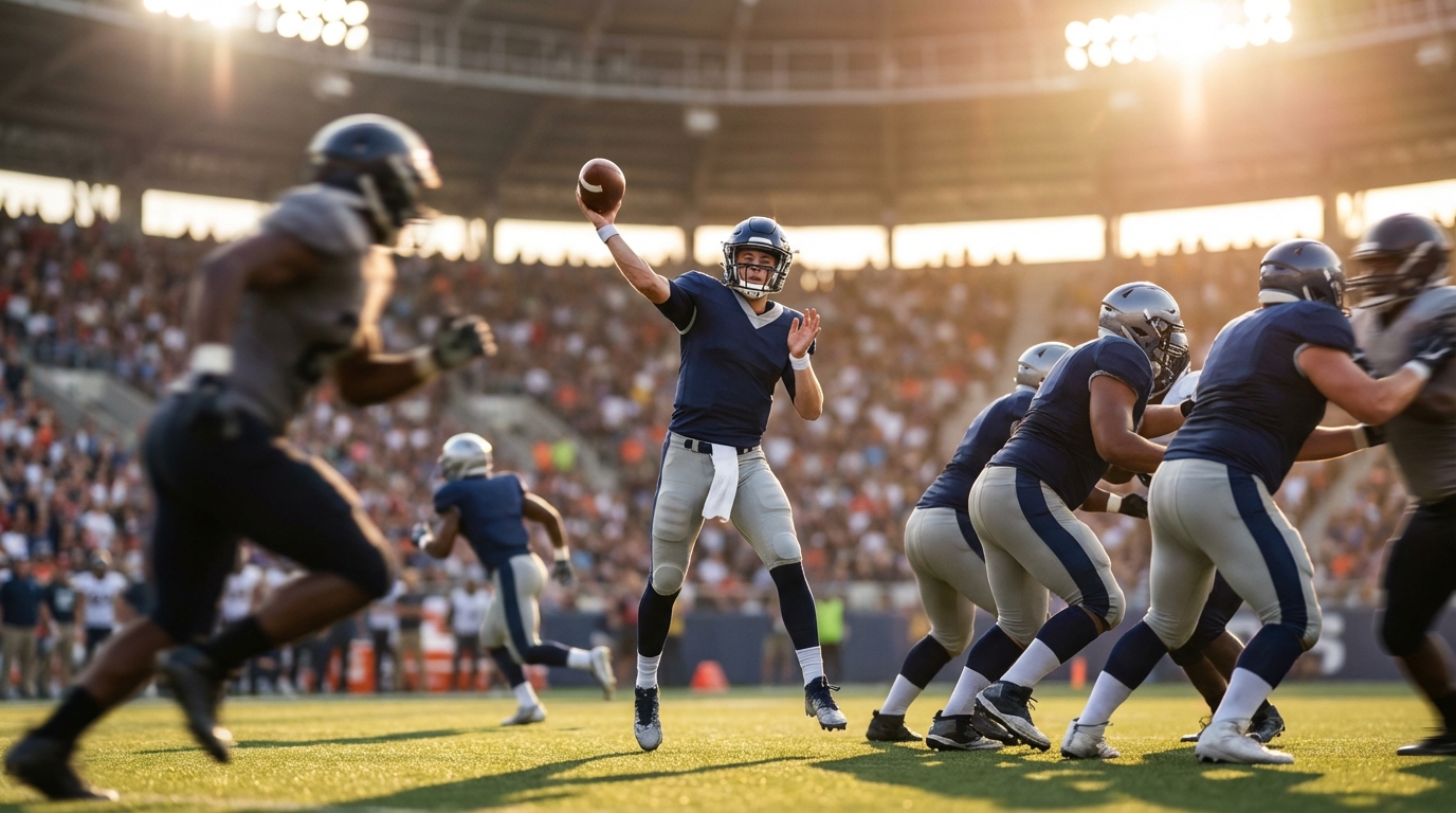 Young quarterback mid-throw, dynamic stadium scene