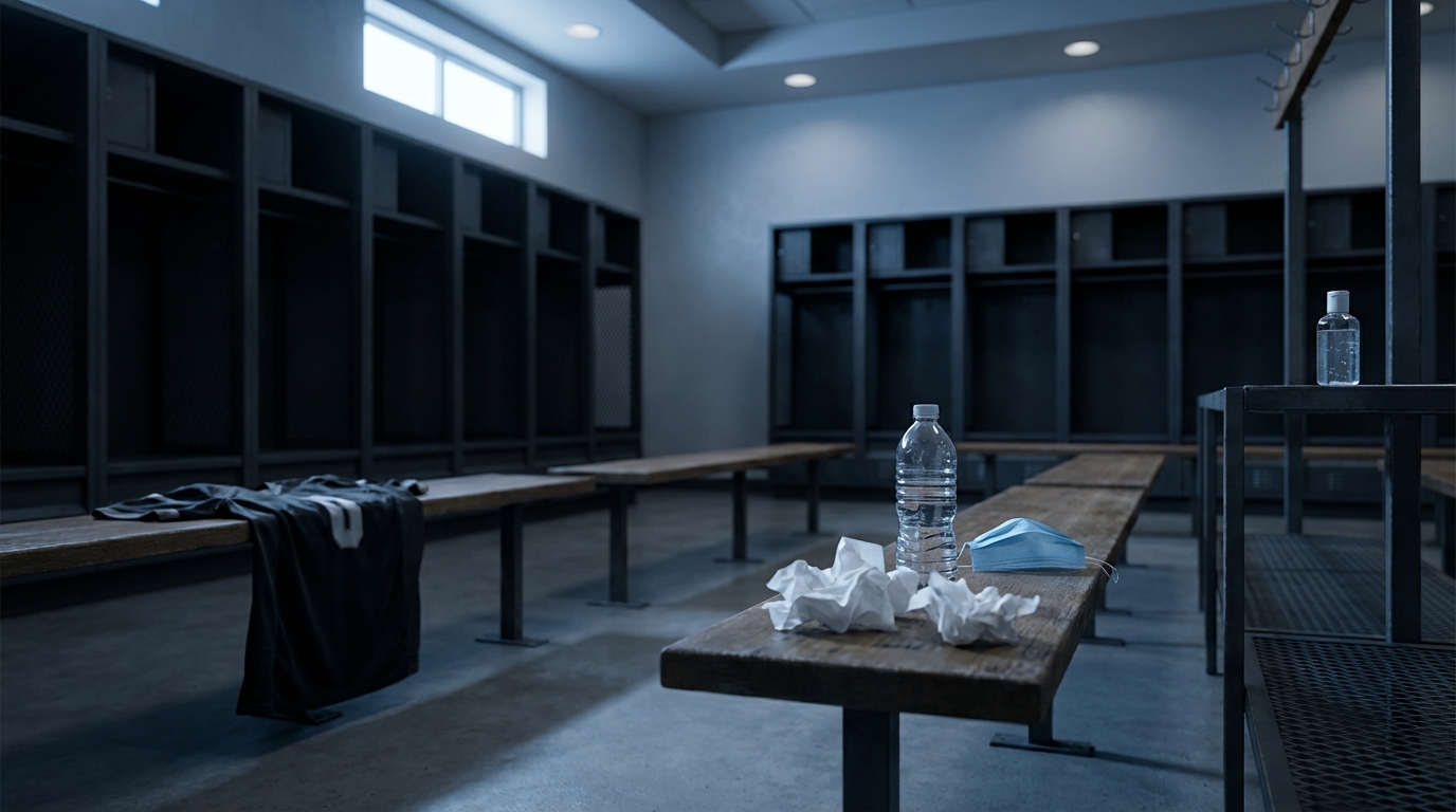 Empty locker room with subtle signs of illness, including tissues, half-empty water bottles, a disposable mask, and hand sanitizer