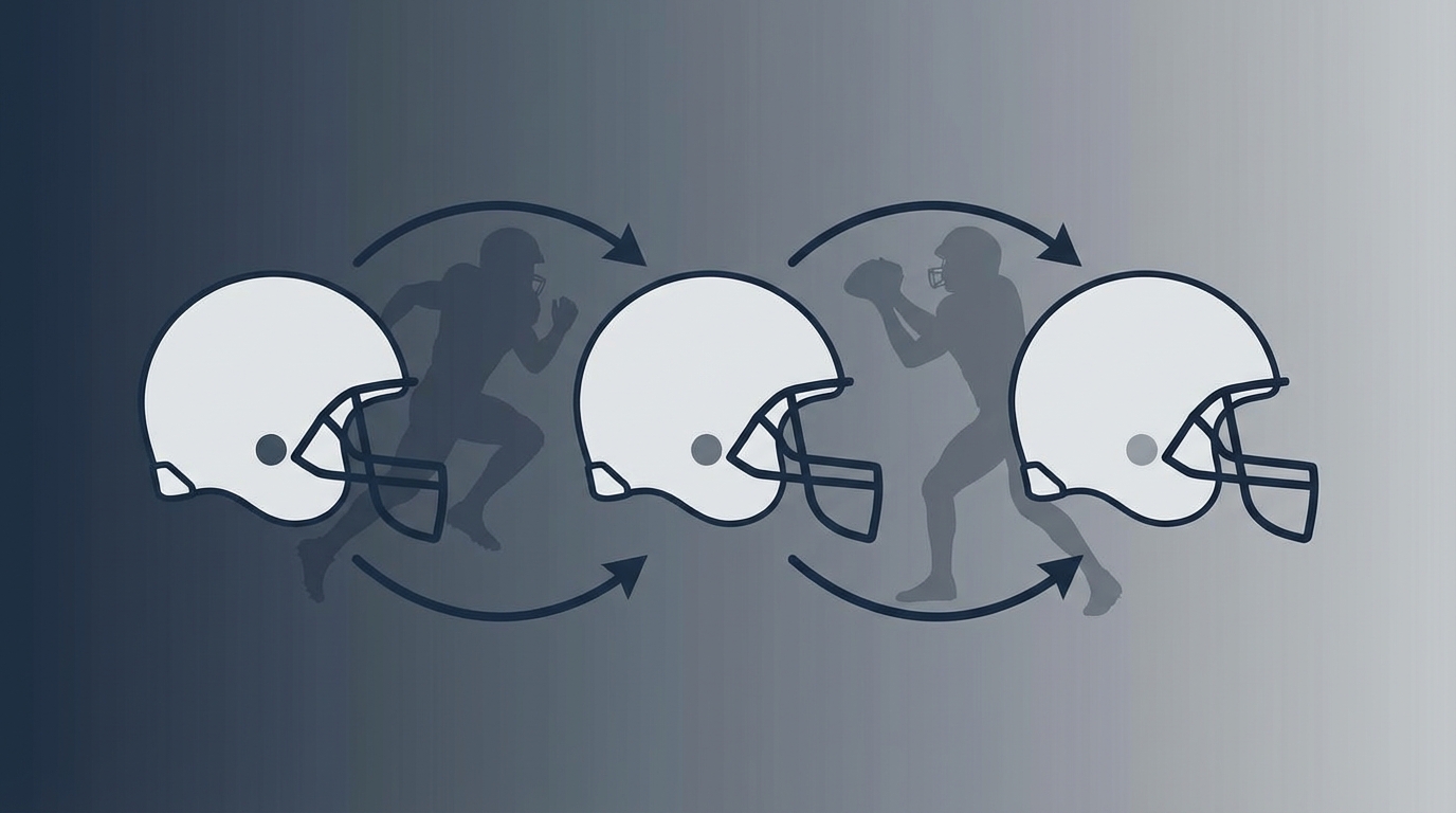 Three generic football helmets with arrows and silhouettes