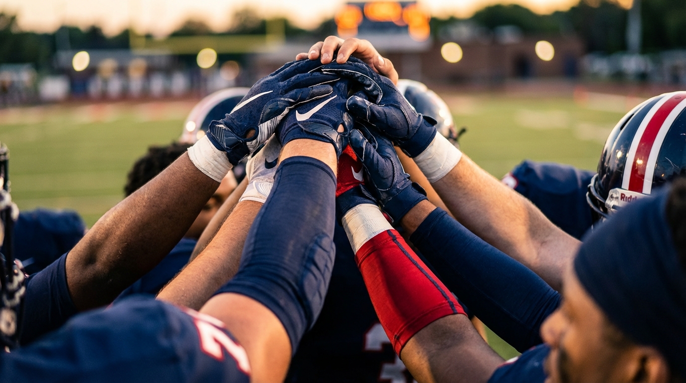 Close-up of diverse football players stacking hands in a huddle; navy blue jerseys with red and white accents; blurred stadium lights in background
