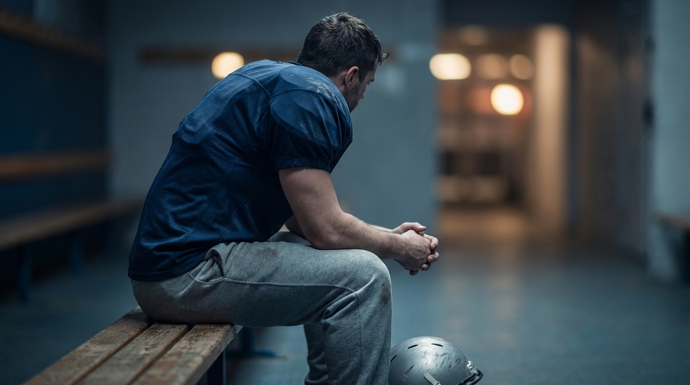 Solitary football player in a contemplative pose
