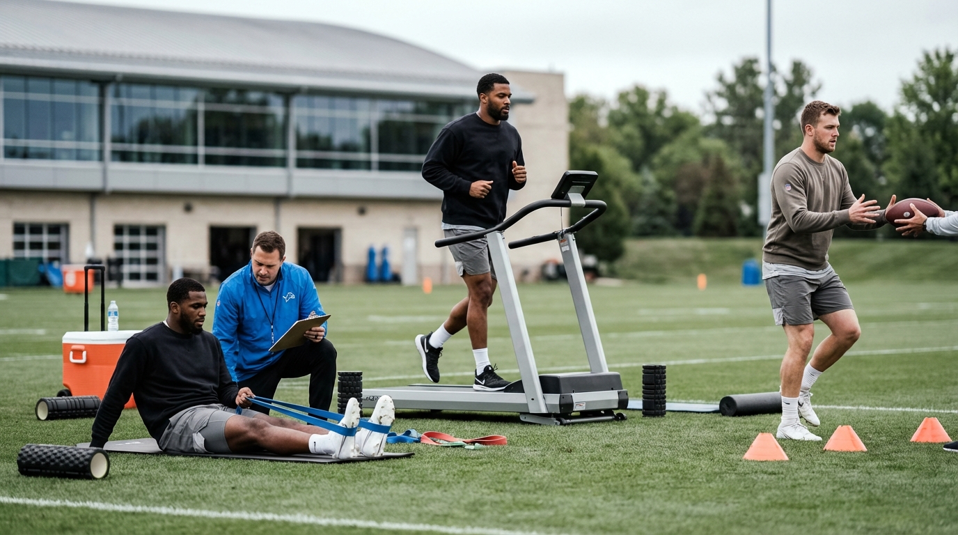 Patriots players rehabbing on the training field