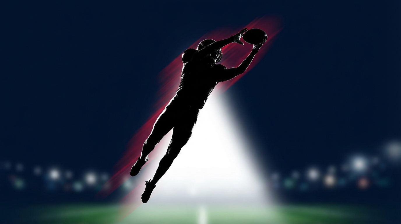 Football silhouette leaping to catch a deep pass
