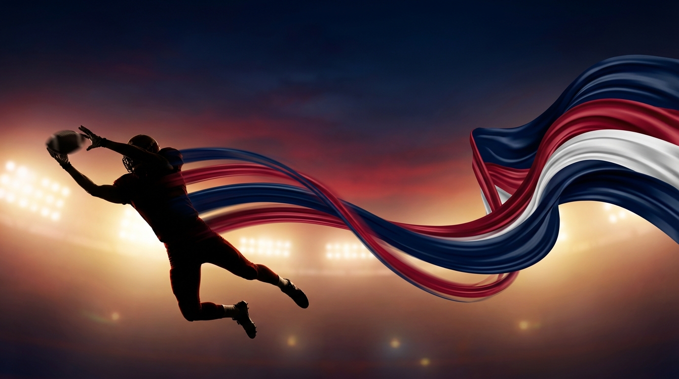 Conceptual illustration of a leaping wide receiver connected to the New England Patriots with flowing navy and red streaks