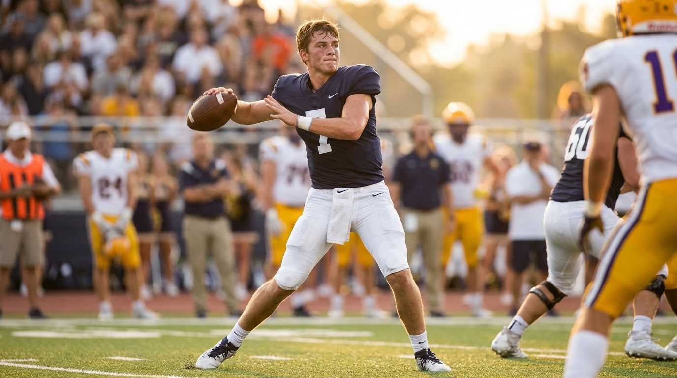 Drake Maye throwing a pass on a sunny stadium field