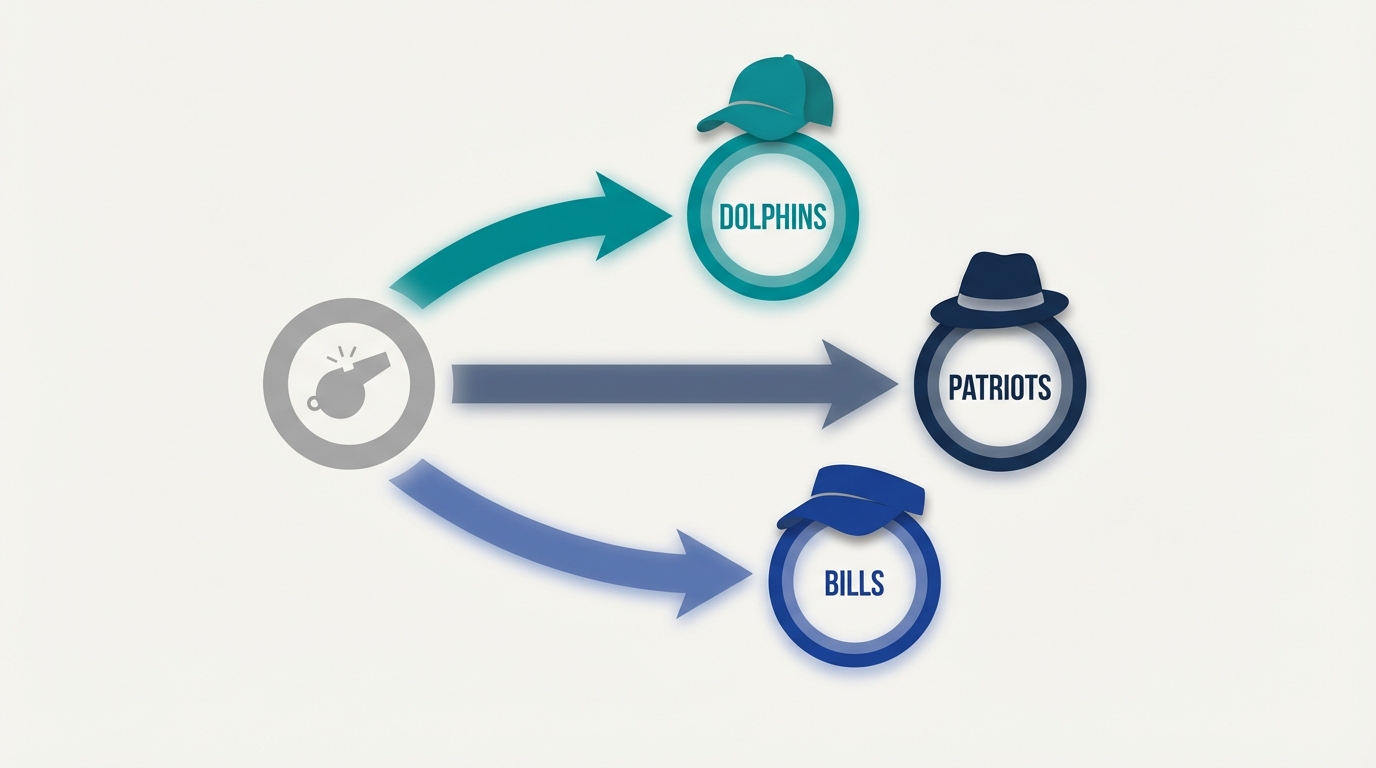 Stylized vector diagram showing coach icons with directional arrows highlighting impact on Dolphins, Patriots, and Bills. Teal emphasis toward the Dolphins; no text in image.
