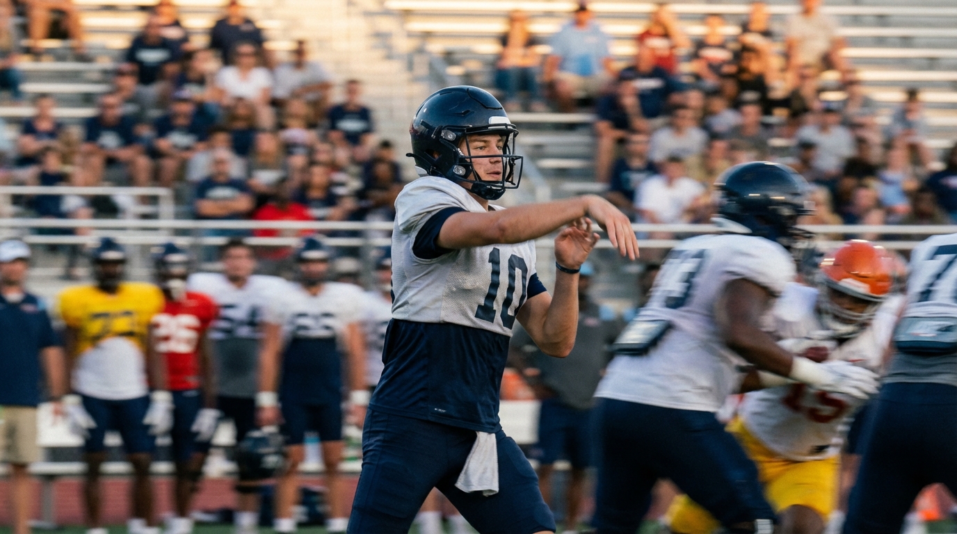 Drake Maye mid-throw with stadium lights and blurred defenders, showcasing speed and focus