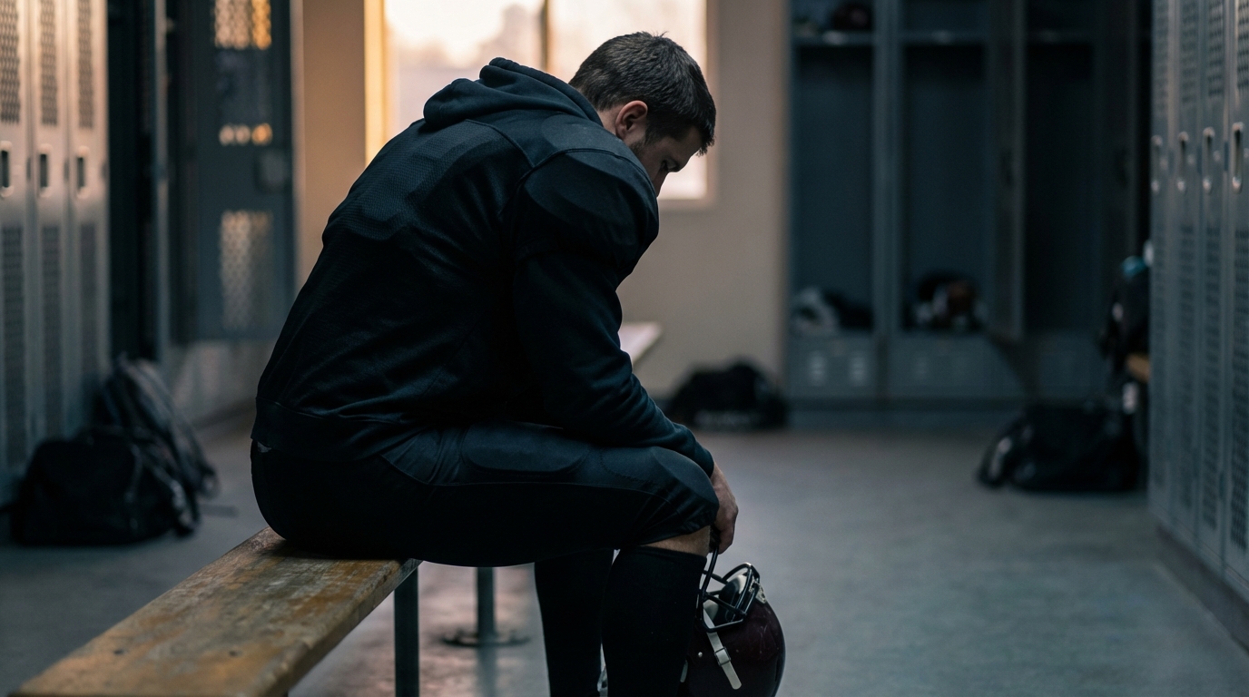 Football player sitting in reflection