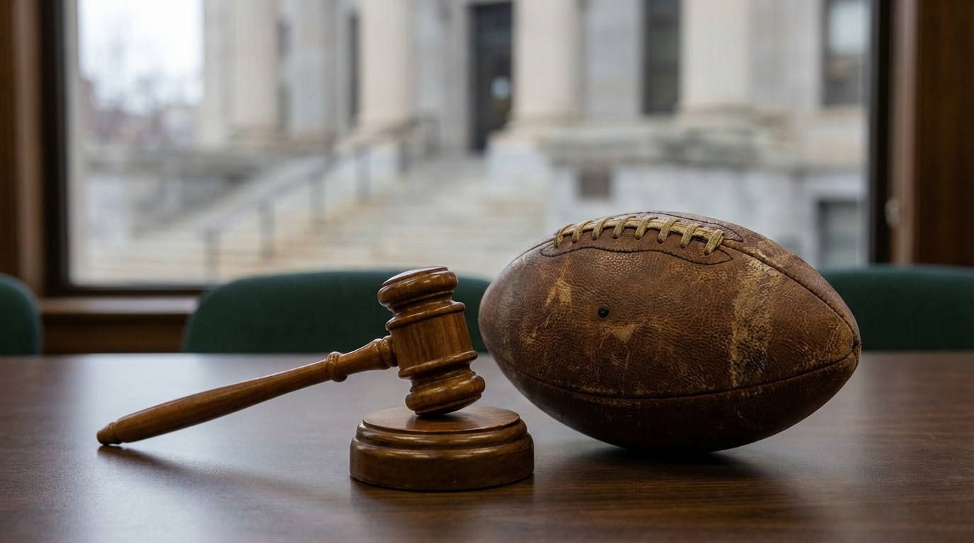 Gavel and football outside courthouse