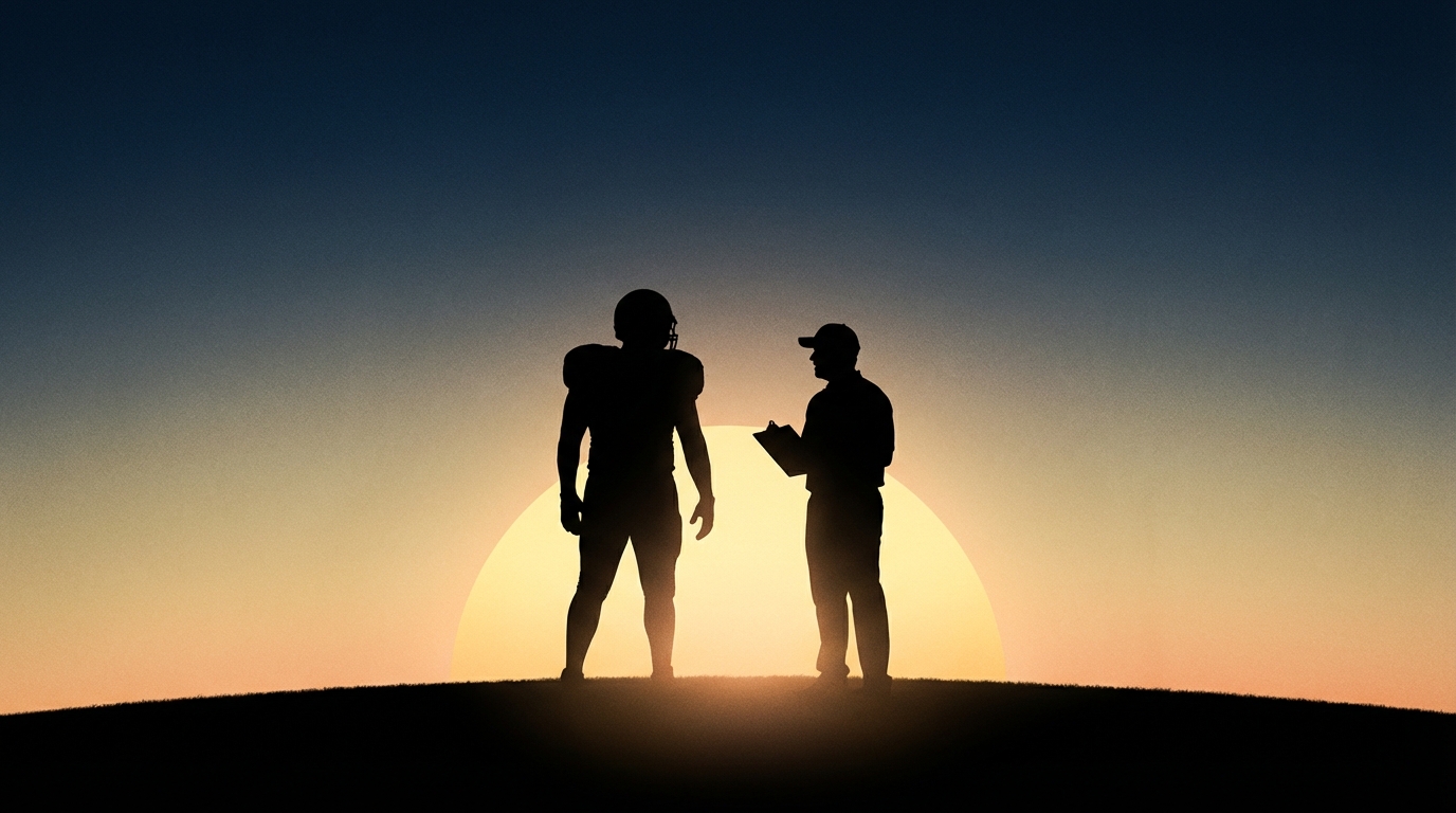 Football player and coach silhouette with rising sun