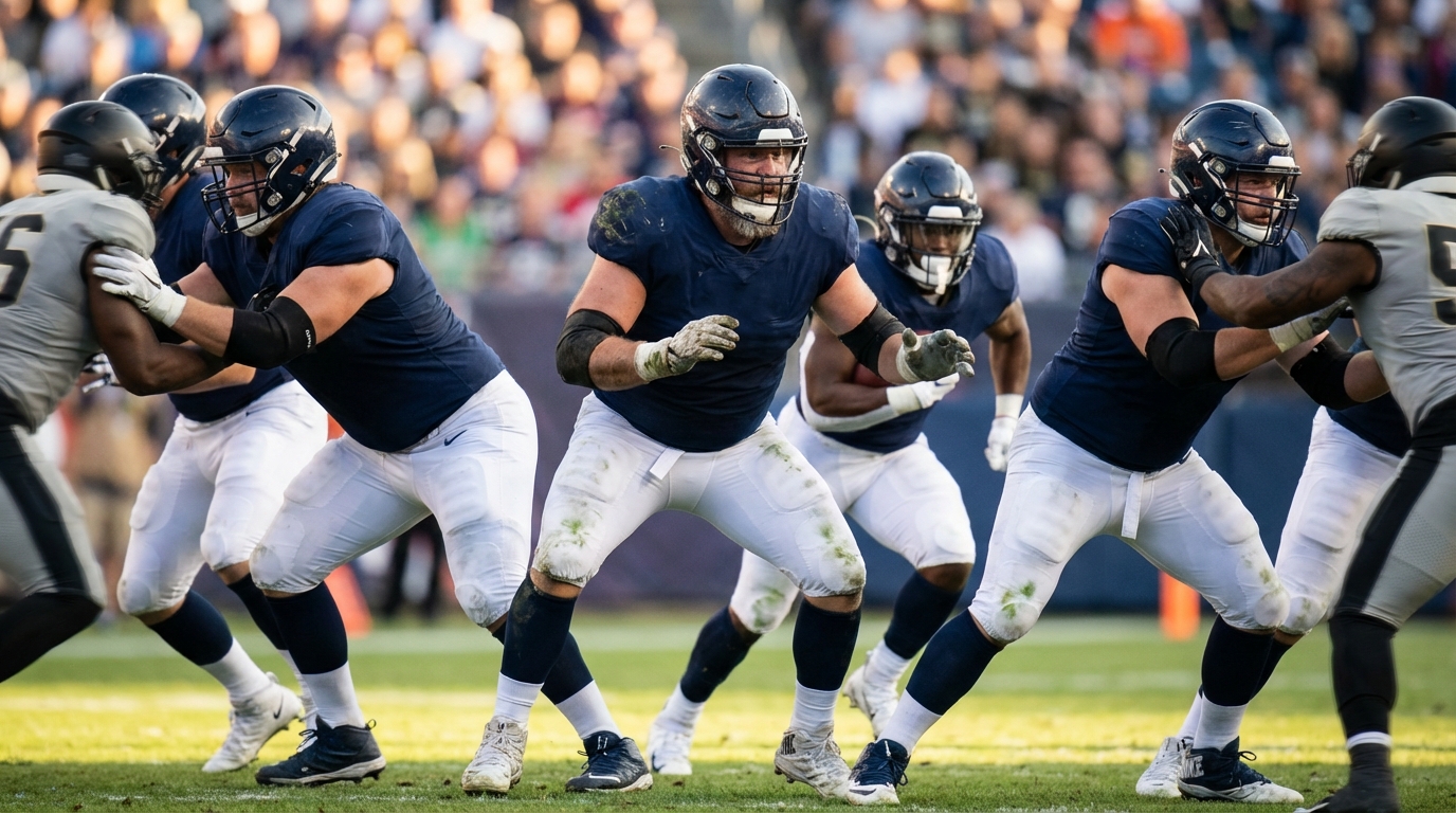 Veteran offensive lineman anchoring a strong, supportive line with a running back emerging behind the gap